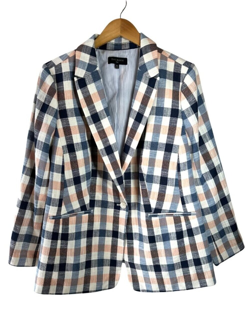 NEW Talbots 18W Plaid Cotton Blend Blazer Blue Pink One Button Career Jacket - Picture 3 of 7